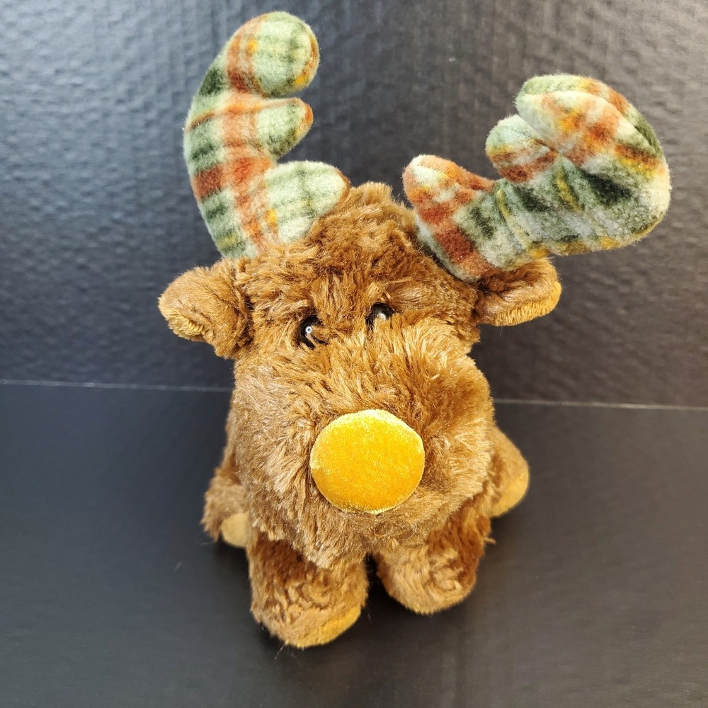 Russ Berrie Plush Marty Moose Plaid Antlers Stuffed Animal 8" Brown WONKY ANTLER